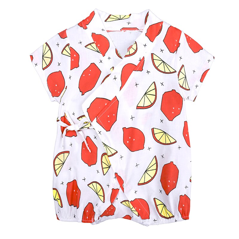 Novo verão roupas da menina do bebê macacão para recém-nascidos roupas menino fruta cinto botão manga curta macacão crianças infantil 3-24m