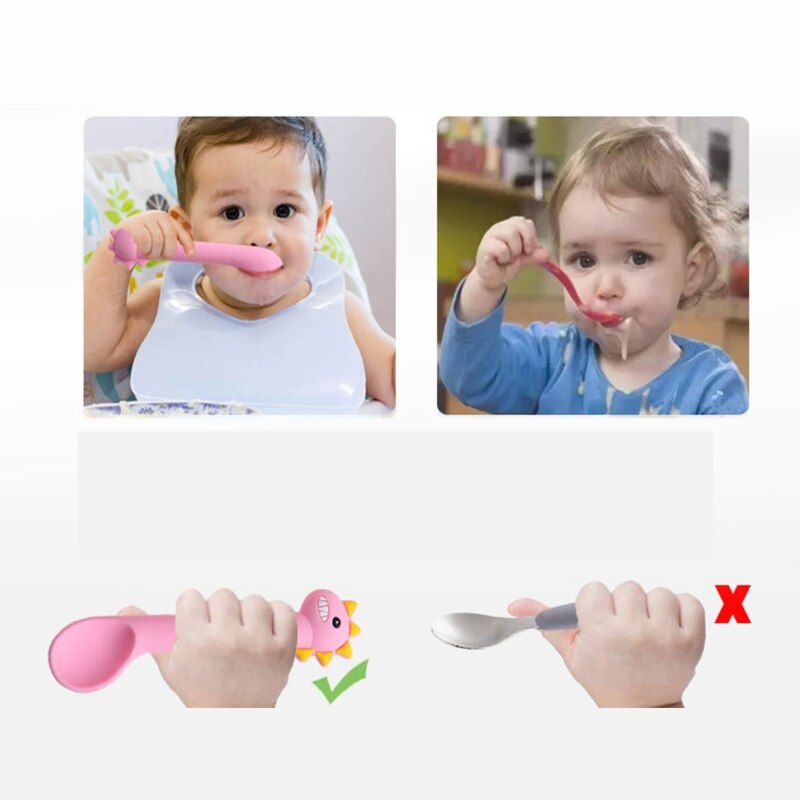 2 uds. De cuchara de alimentación de bebé, sin BPA, utensilios de silicona con bonitos dibujos animados de dinosaurios, vajilla de entrenamiento de aprendizaje infantil