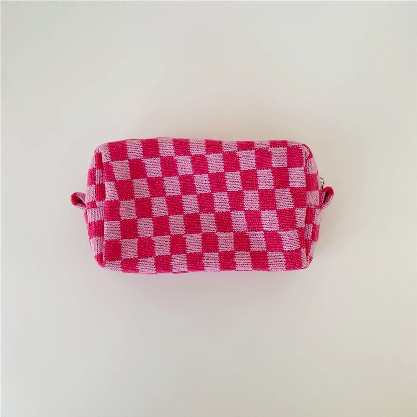 Dambord Rooster Make-Up Tas Gebreide Stof Vrouwen Cosmetische Organizer Rits Beauty Pouch Pols Make Up Pouch Toilettas Case: rose