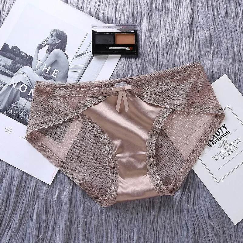Women Panties Satin Underwear Lace Sexy Briefs Ladies Casual Underpants Female Lingerie Intimates Girl Panty Calcinhas Feminina: L / Brown