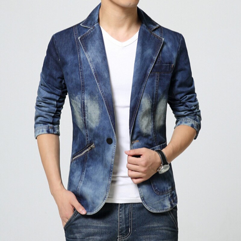 Spring Brand Male Jean Blazer Mens Trend Suits Casual One Button Jean Slim Fit Denim Jacket Suit Plus Size 4XL: Asia 3XL 73 to 78kg