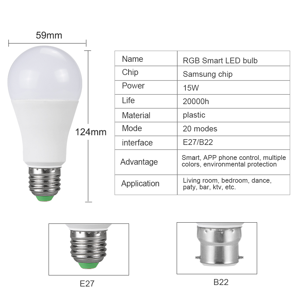 Dimmable B22 E27 APP Control Smart Lamp AC 85-265V 15W Wifi Smart Bulb Bluetooth Color Changeable Home Deco Bombilla Inteligente
