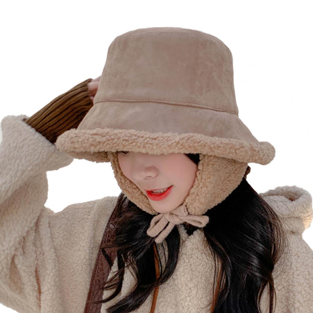 Women Hat Ear Flap Lace Up Bucket Hat Wide Brim Women Solid Color Cashmere Lined Fisherman Cap for Autumn Winter: Coffee