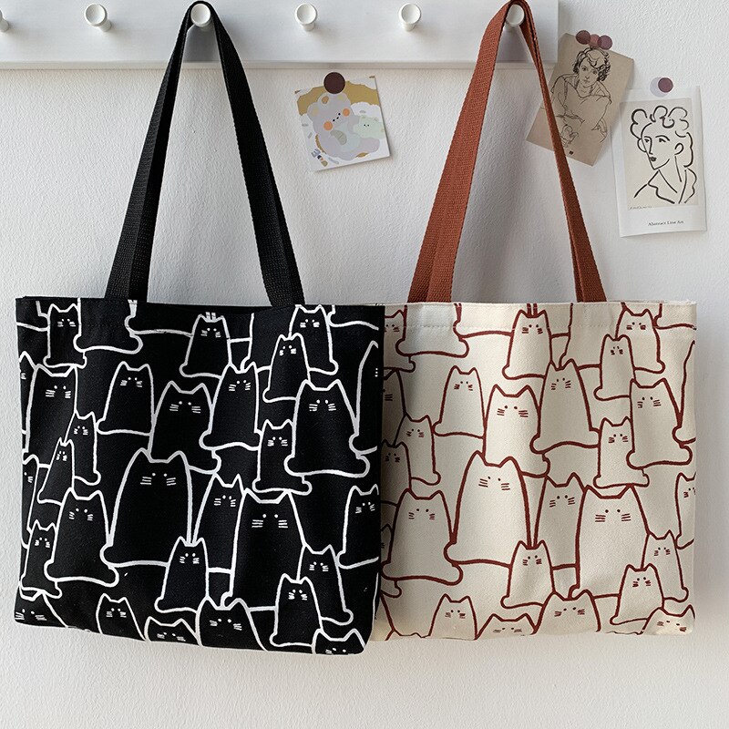 Sac à main en toile de grande capacité pour femmes, fourre-tout avec fermeture éclair, motif chat mignon, petit sac à bandoulière de styliste de Style japonais