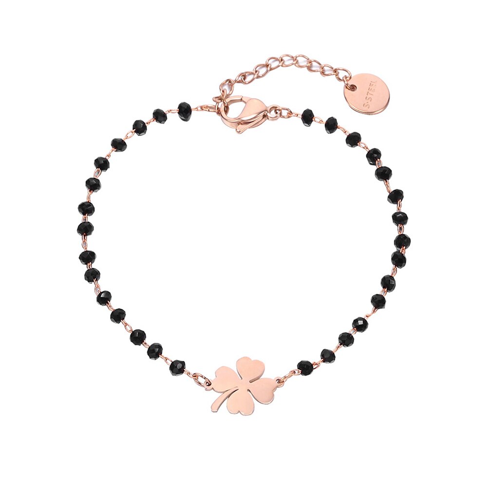 Or Rose trèfle acier inoxydable Bracelets porte-bonheur femmes noir cristal perles chaîne Bracelet bijoux De Joyas De Mujer