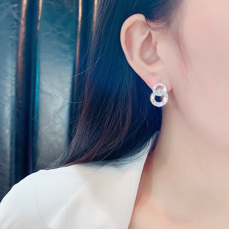 luxury Double Circle Ear Stud 925 sterling silver earings for women lady anniversary jewelry E5609