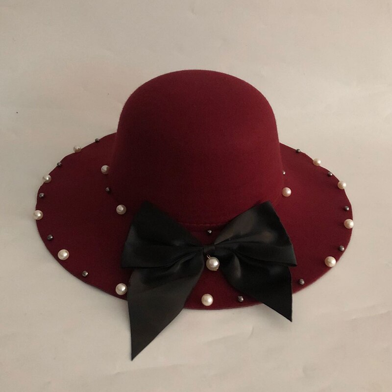 Vinter hatte solid uld blanding sløjfe pære fedoraer til kvinder pige afslappet forårs uld kunstige jazz kasketter simple top hatte: -1