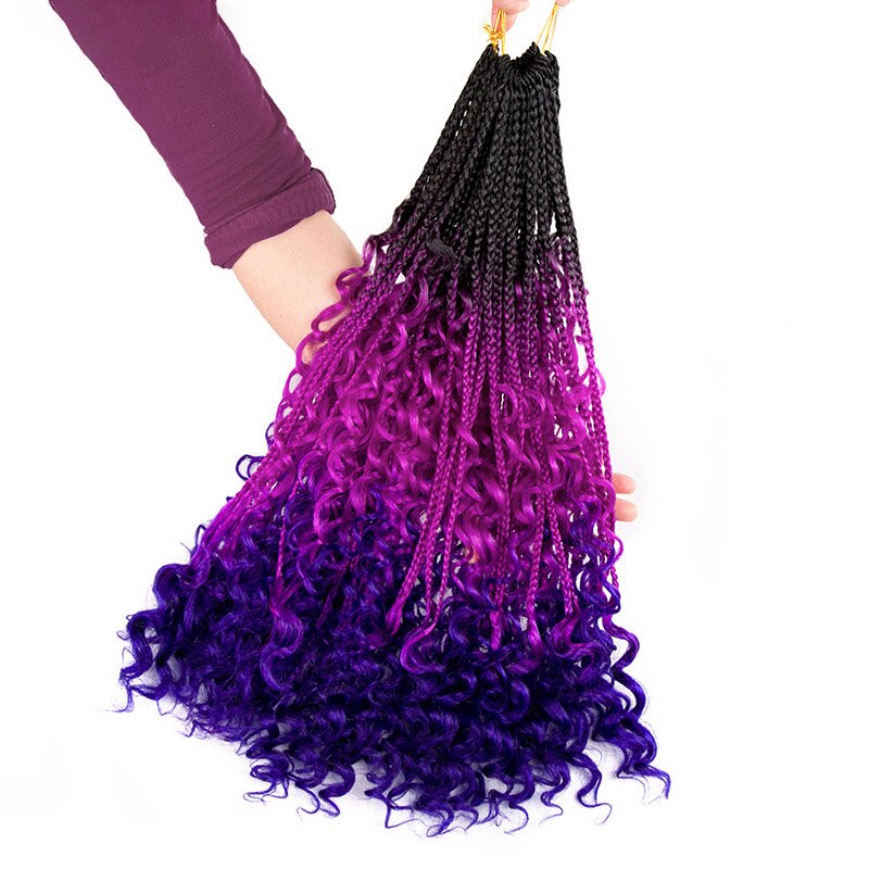 24Inch Box Braids Hair Boho Braids Ombre Synthetic Curly Crochet Braiding Hair Extension Messy Goddess Black Brown: 6