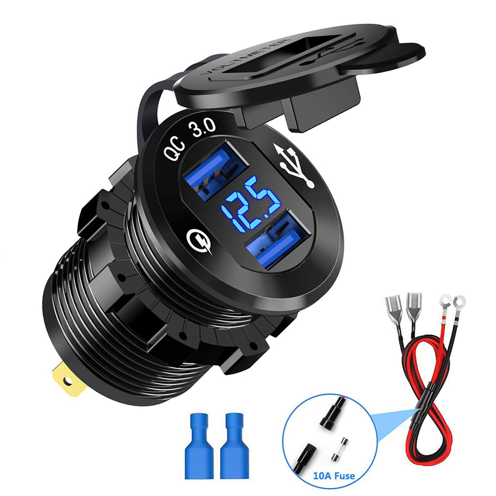 Hurtig opladning 3.0 dobbelt usb oplader stik vandtæt aluminium power charge led voltmeter til 12v/24v bil båd motorcykel usb auto