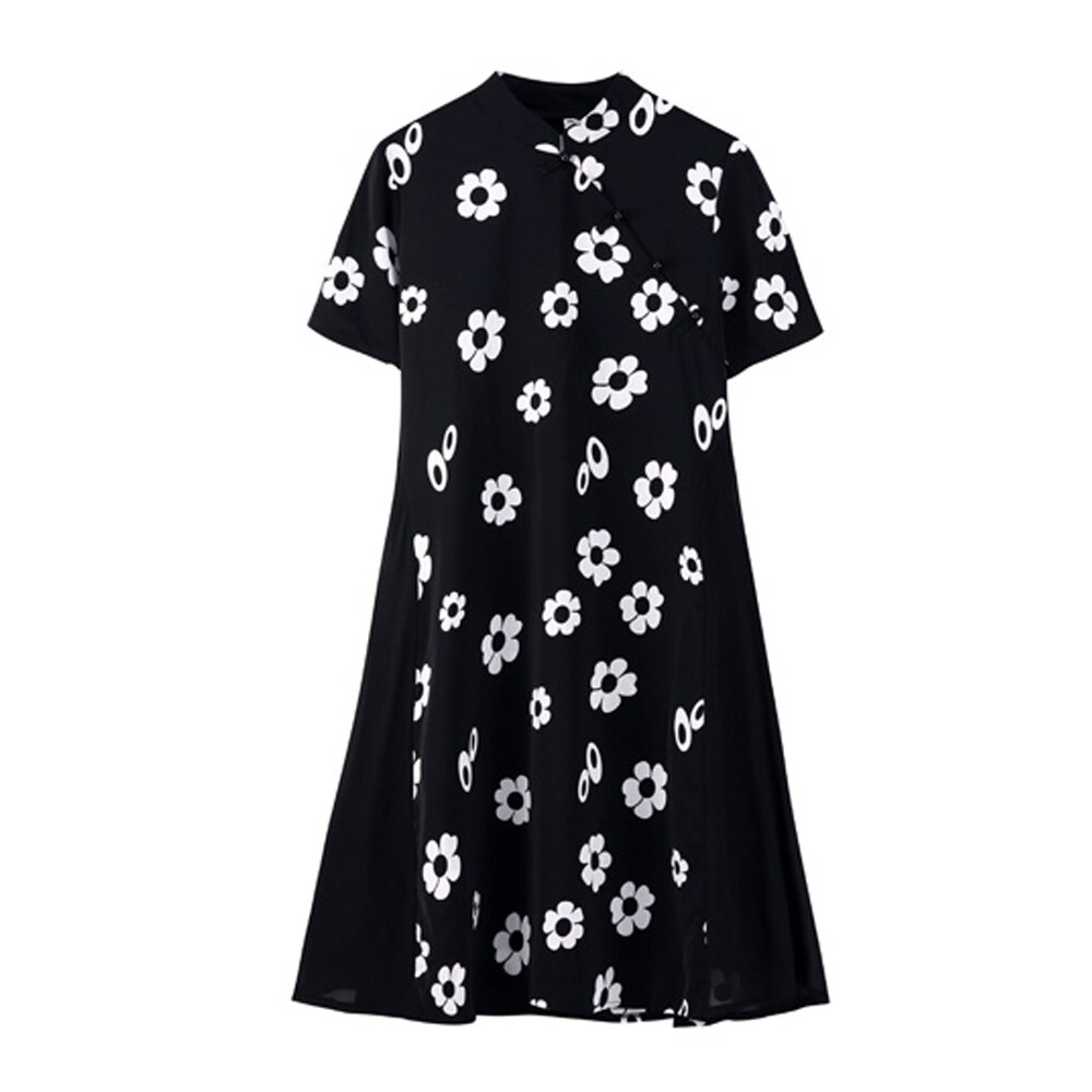 Vestido negro de talla grande para mujer, vestido de verano chino Cheongsam Qipao, vestido Swing de manga corta, vestidos de ropa tradicional china