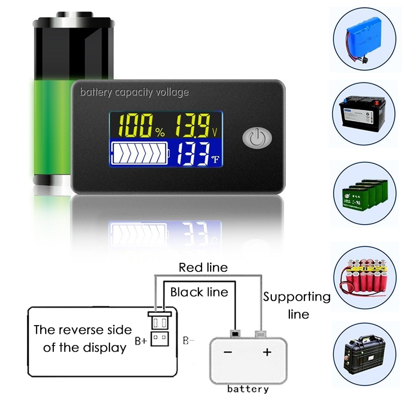 Li-ion lifepo 4 bly syrebatteri kapacitet indikator 12v 24v 36v 48v 60v 72 display lcd voltmeter temperaturmåler tester js -c35
