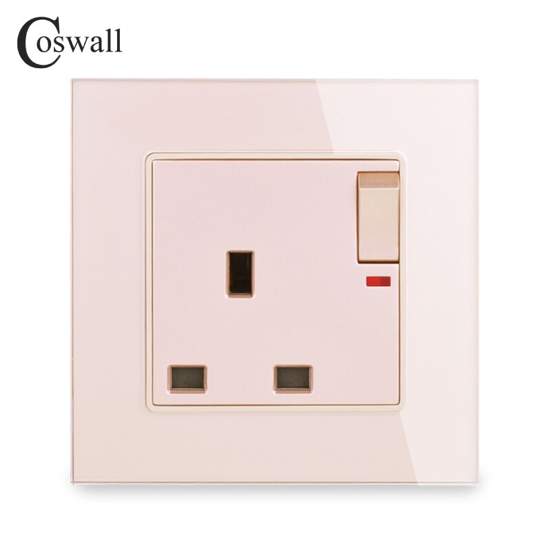 Wall Crystal Glass Panel Power UK Socket, 13A Black British Standard Electrical Outlet Switched 86mm * 86mm With Indicator: Gold