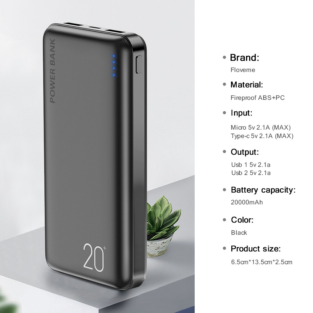 Floveme-Mini cargador portátil de 20000mAh, batería externa de viaje, Powerbank rápido para teléfono móvil xiao