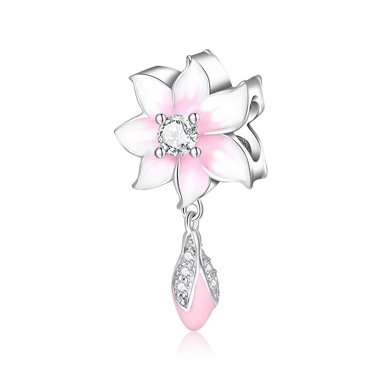 Pink Enamel Flower CZ Charms Beads Dangle Bud Silver 925 Fit Original JIUHAO Charm Bracelets Pendant Jewelry Making: PC0174