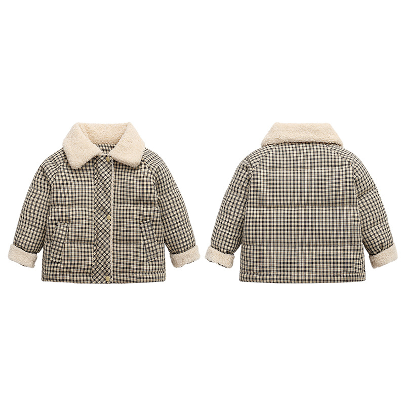 Chaqueta de plumón a cuadros para niño y niña, abrigo grueso con cuello de lana, traje de invierno cálido para la nieve, ropa para bebé de 2 a 10 años: Gris / 7 años