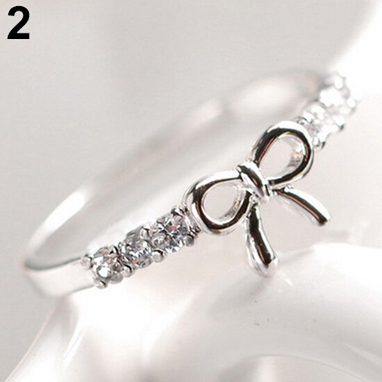 Delle Donne di modo Anello Semplice Classico Elegante di Strass Anelli di Fidanzamento Bowknot Da Sposa fascia Da Sposa Anello di Barretta Femme bijoux Aneis: argento