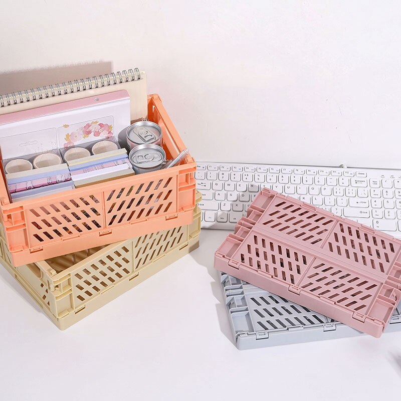 2 Pcs Collapsible Crate Plastic Folding Storage Box Basket Utility Cosmetic Container, Pink & Green