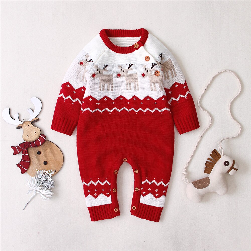 FOCUSNORM Infant Baby Girls Boys Christmas Romper Long Sleeve Elk Pattern Printed Knit Warm Jumpsuit