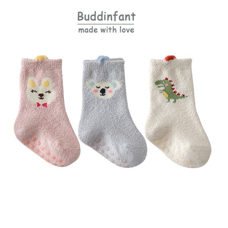 Calcetines de bebé de invierno de goma antideslizante suela calcetines 2/3 par/set dinosaurio conejo zorro Animal patrón de calcetines bebé niño niñas: S01 X 3pair / 0-1T