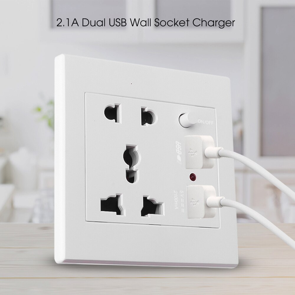KEBIDU Wall Socket Phone Holder 2.1A Dual USB Wall Socket Home Wall Charger Adapter with ON/OFF Button EU Standard Plug