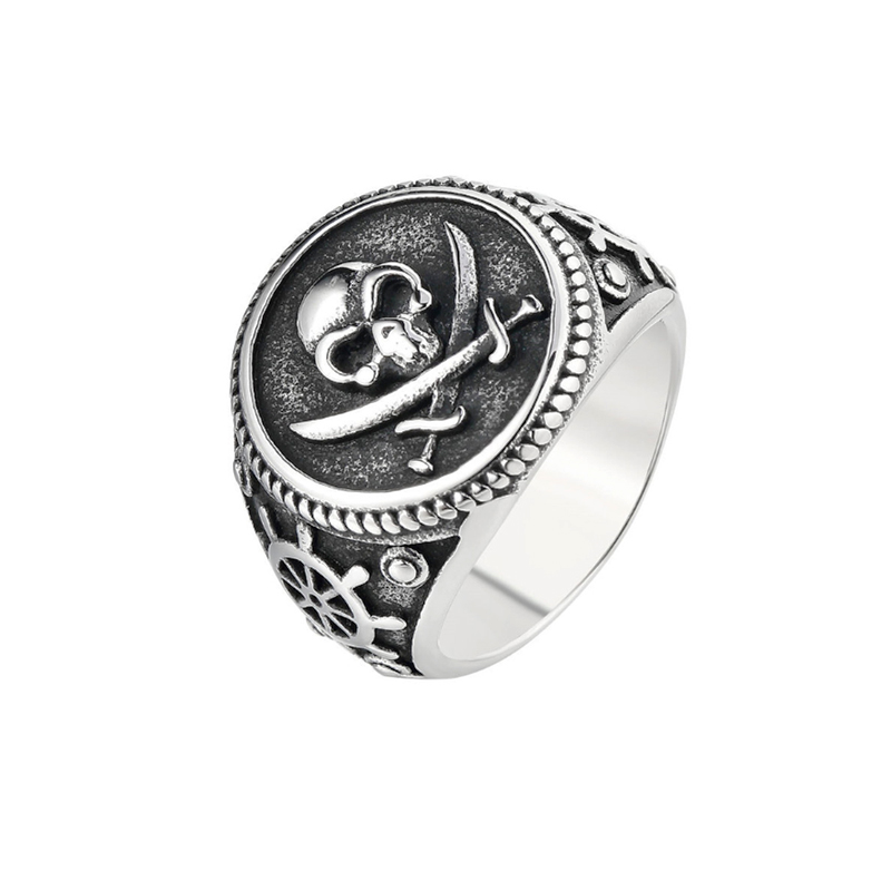Vintage Men's Pirate Signet Double Knife Skull Ring Golden/Silver Color Stainless Steel Compass Goth Punk Ring: 13 / silver