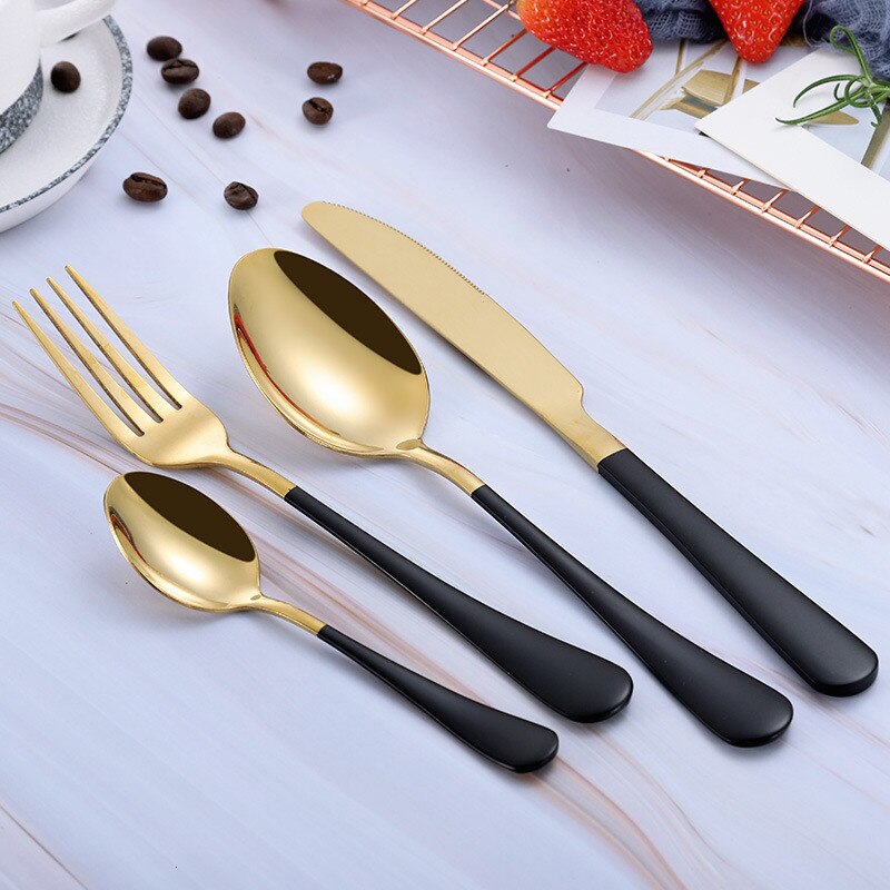 Regenboog Bestek Sets Vork Lepel Mes Set Koreaanse Keuken Servies 18/10 Rvs Zilverwerk Set Bestek Messen Sets: black gold