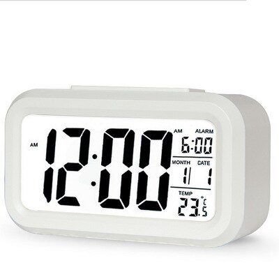 Batteri digitalt vækkeur elev ur stort lcd display snooze børn ur lyssensor natlys kontor bord ur: Hvid