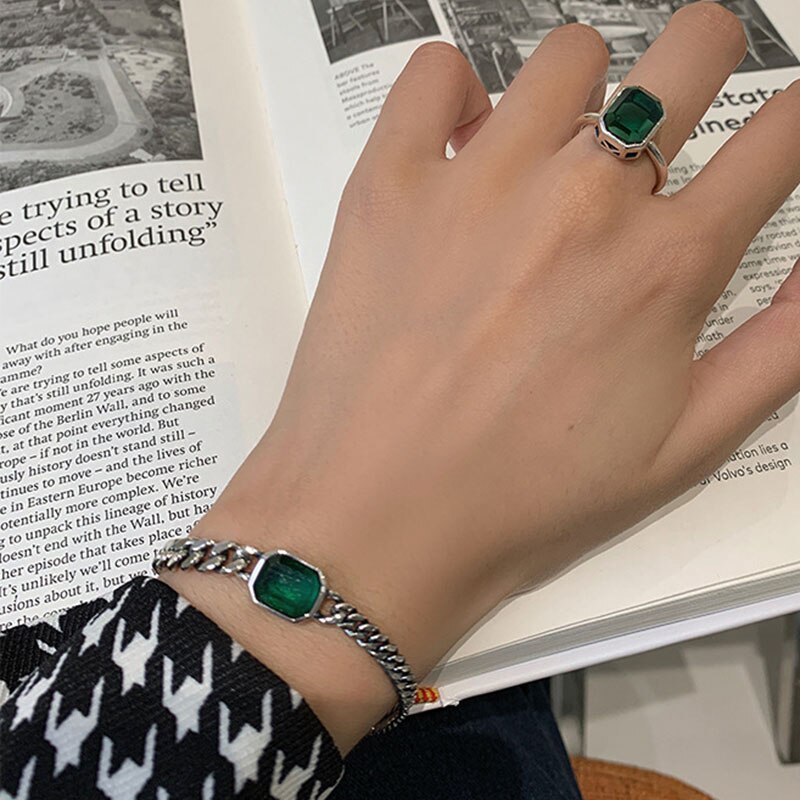 Foxanry 925 Sterling Zilveren Armband Voor Vrouwen Trendy Elegante Vintage Eenvoudige Groene Zirkoon Partij Sieraden Verjaardag