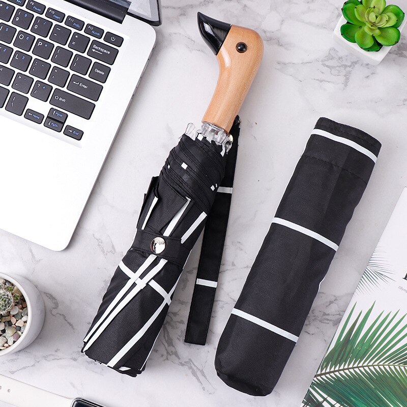 Cute Duck Head Umbrella Rain Women Automatic Windproof Sun Umbrella Men Three Fold Waterproof Travel Umbrella Parasol: Black