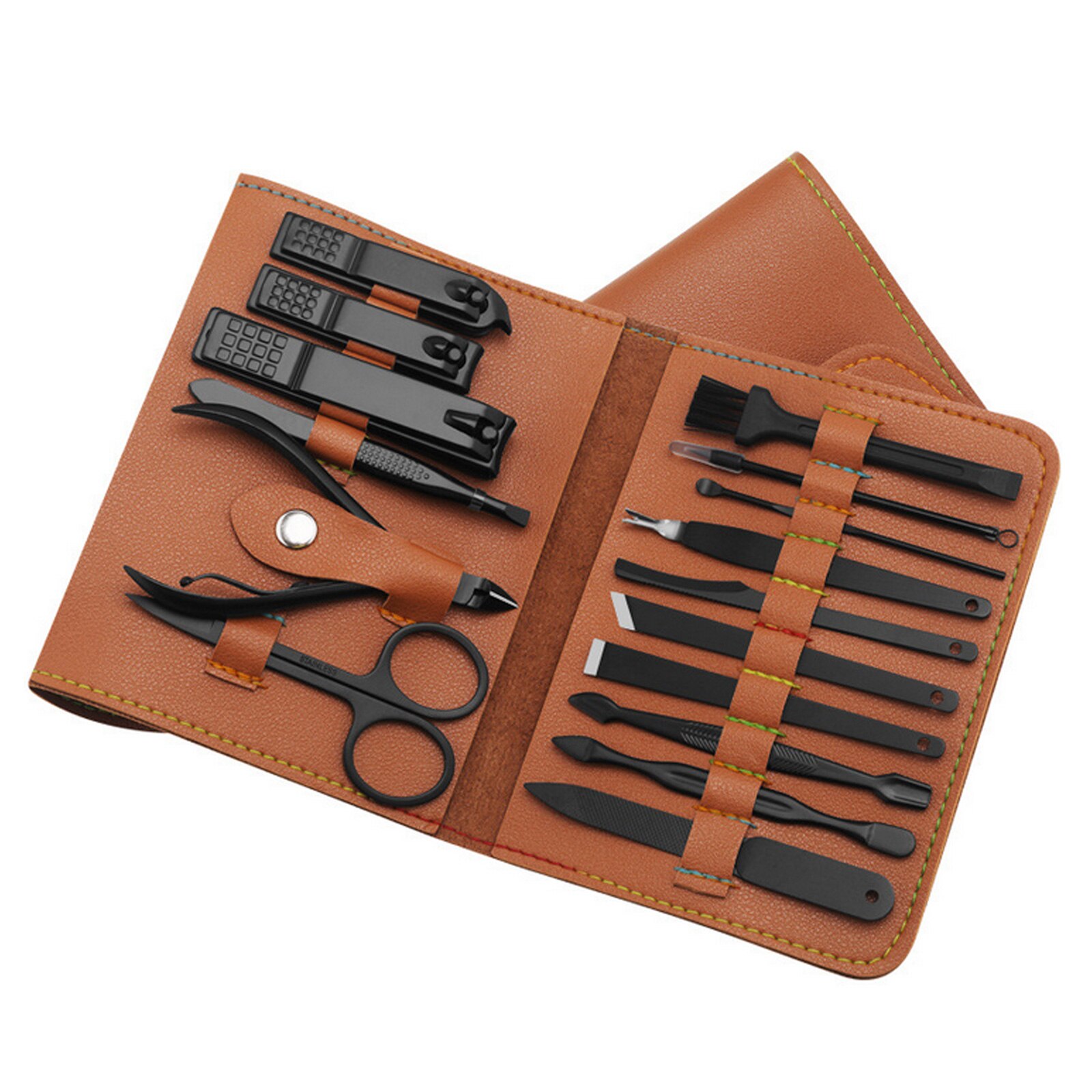 16PCS Manicure Pedicure Set Stainless Steel Nail Clipper Grooming Kit with PU Case for Foot Hand Facial Care: Brown