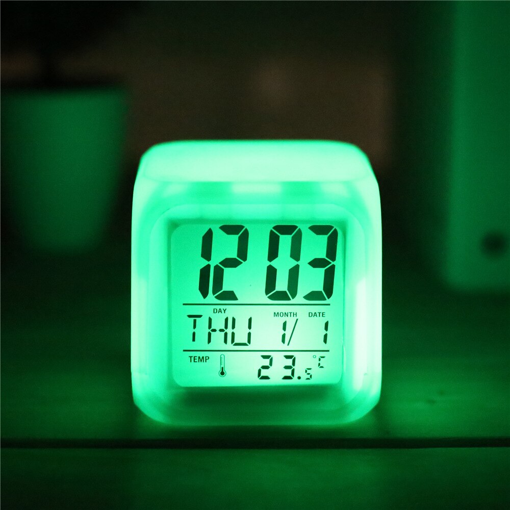 7 Colors Changing LED Alarm Clock Digital Desk Gadget Digital Alarm Thermometer Night Glowing Cube Home Led Clock