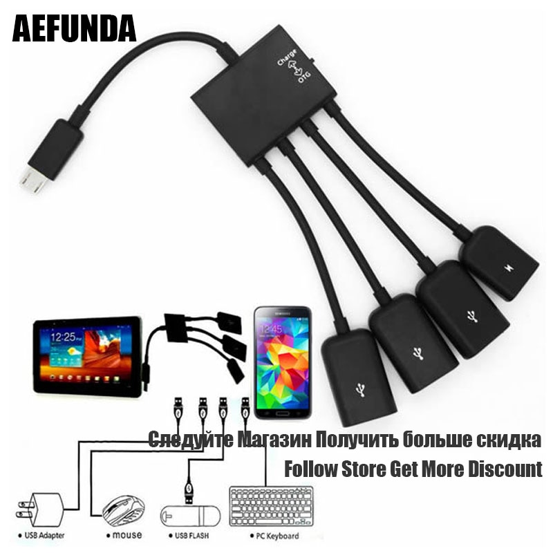 Multi-función USB 2,0 4 en 1 Micro Puerto USB OTG carga Cable concentrador adaptador divisor para smartphones Android Tablet Cable negro