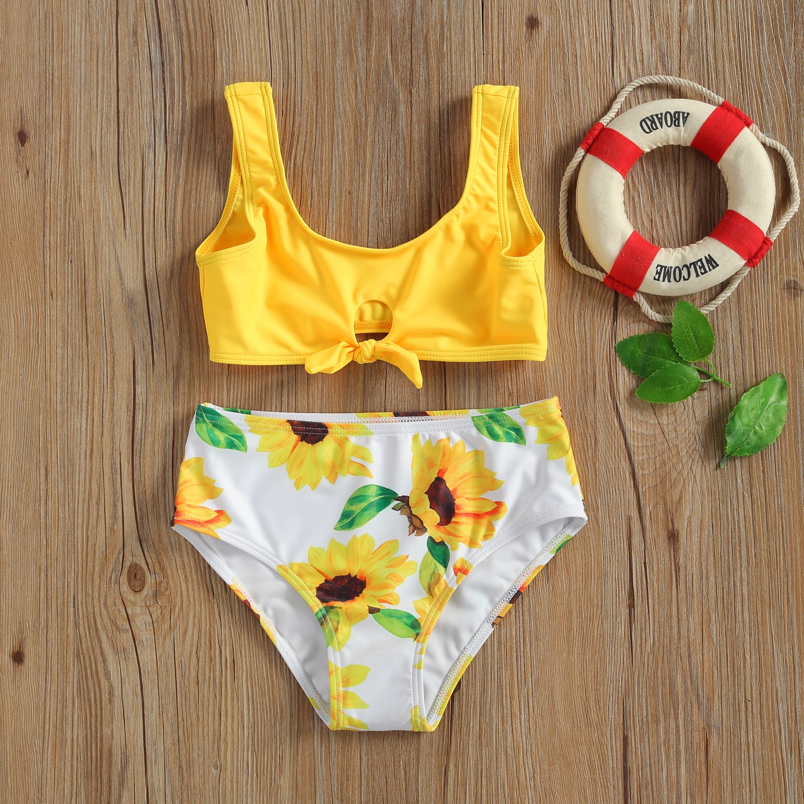 Summer Two-Piece Bikini Set Girls Bathing Suits Round Neck Tie Up Bikini Top + Sunflower Print Swimming Bottoms Swimsuits