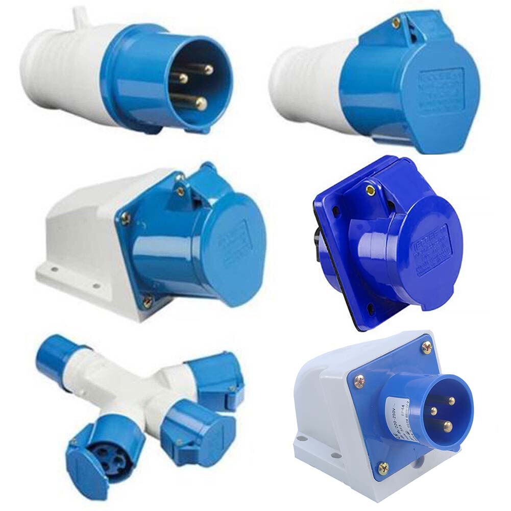 Blue 240V 16 AMP 3 PIN Indudtrial Site Plug & Sockets IP44 2P+E Male/Female