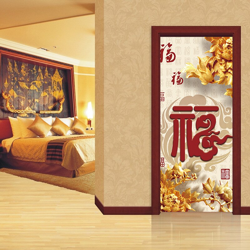 Gouden Bloemen Traditionele Chinese Deur Sticker Behang Voor Woonkamer Slaapkamer Deur Behang Muurdecoraties Muurschildering