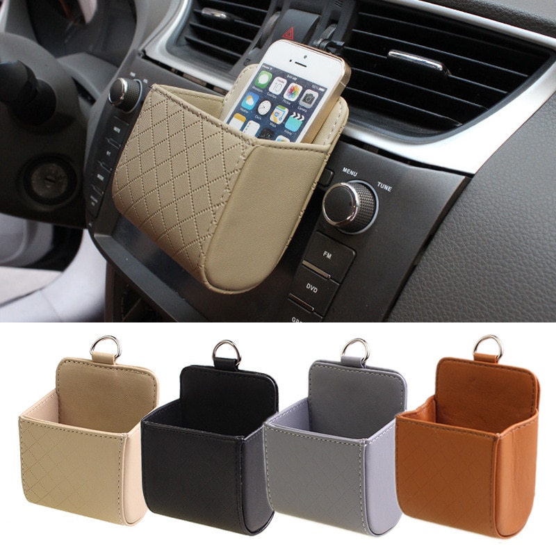 Car Storage Bag Air Vent Dashboard Tidy Hanging Leather Organizer Box Glasses Phone Holder Storage Organizer Car Accessories