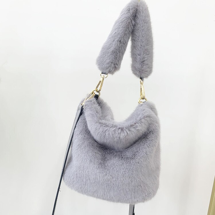 Frauen Nette Faux Pelz Eimer Taschen Mädchen Kreuz-körper Handtaschen Schulter Tasche: grau