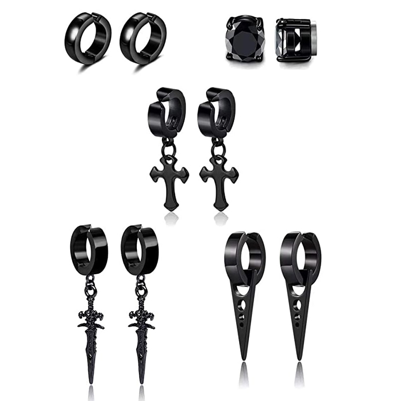 5 Pairs of Punk Hip Hop Stainless Steel Black Dagger Geometric Triangle Cross Sword Pendant Earring Set Men and Women Youth