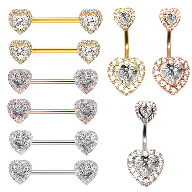 Piercing de acero de titanio con escudo para pezón para mujer, 14G de circonita, mancuerna de corazón, Piercing de vientre, anillos para pezón, joyería corporal, Sexy