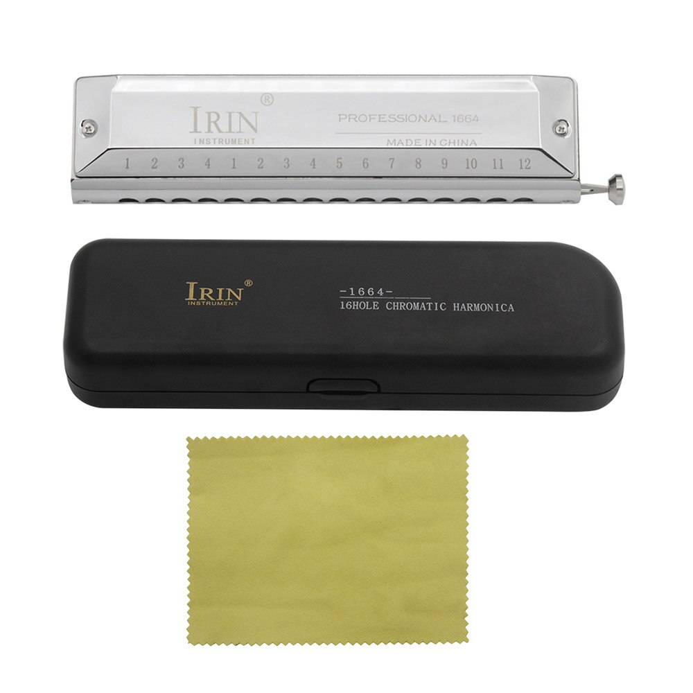 Armónica cromática de 16 agujeros y 64 tonos, instrumento de viento con llave de lengüeta para amantes de la música, con caja de almacenamiento de paño de limpieza