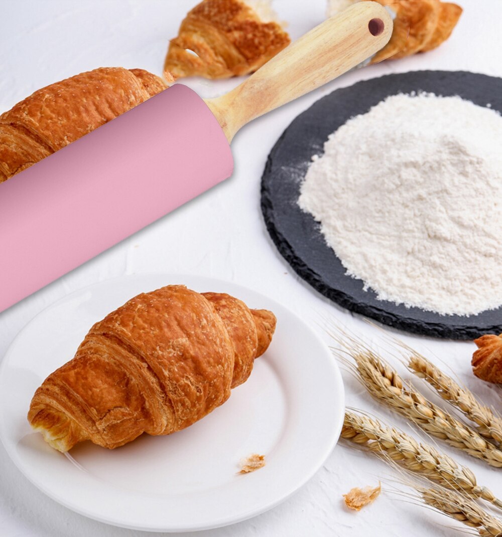 Ehz kagerulle 18.9 tommer rustfrit stål silikone rullehjul brød toast pizza dej bagning non-stick massivt træ håndtag pink