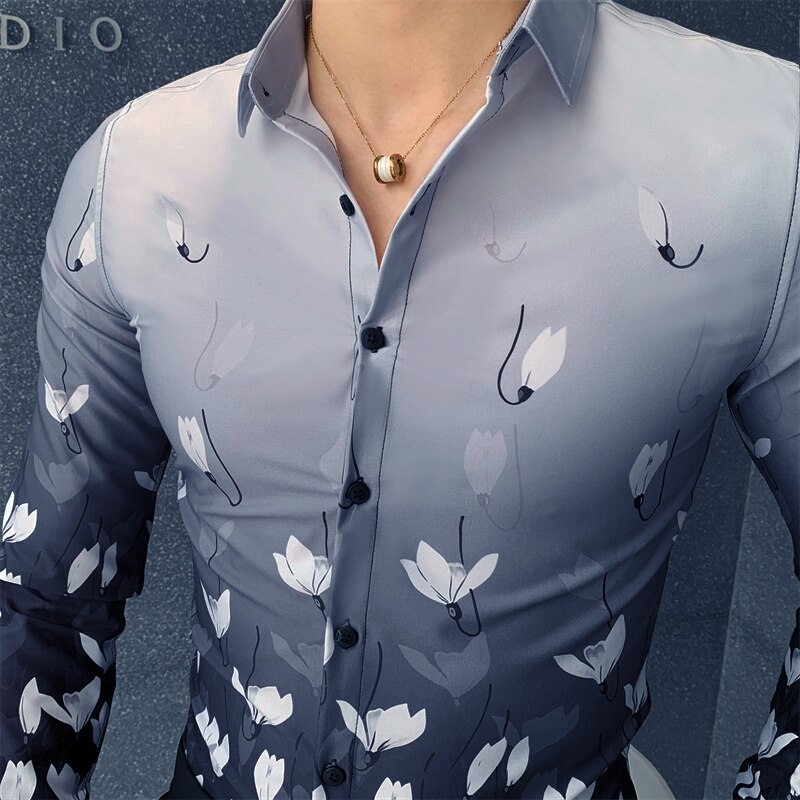 Mode Herfst Bloemen Shirt Mannen Camisa Hombre Koreaanse Slim Fit Casual Mannen Sociale Shirts Lange Mouwen Night Club Luxe Blouse