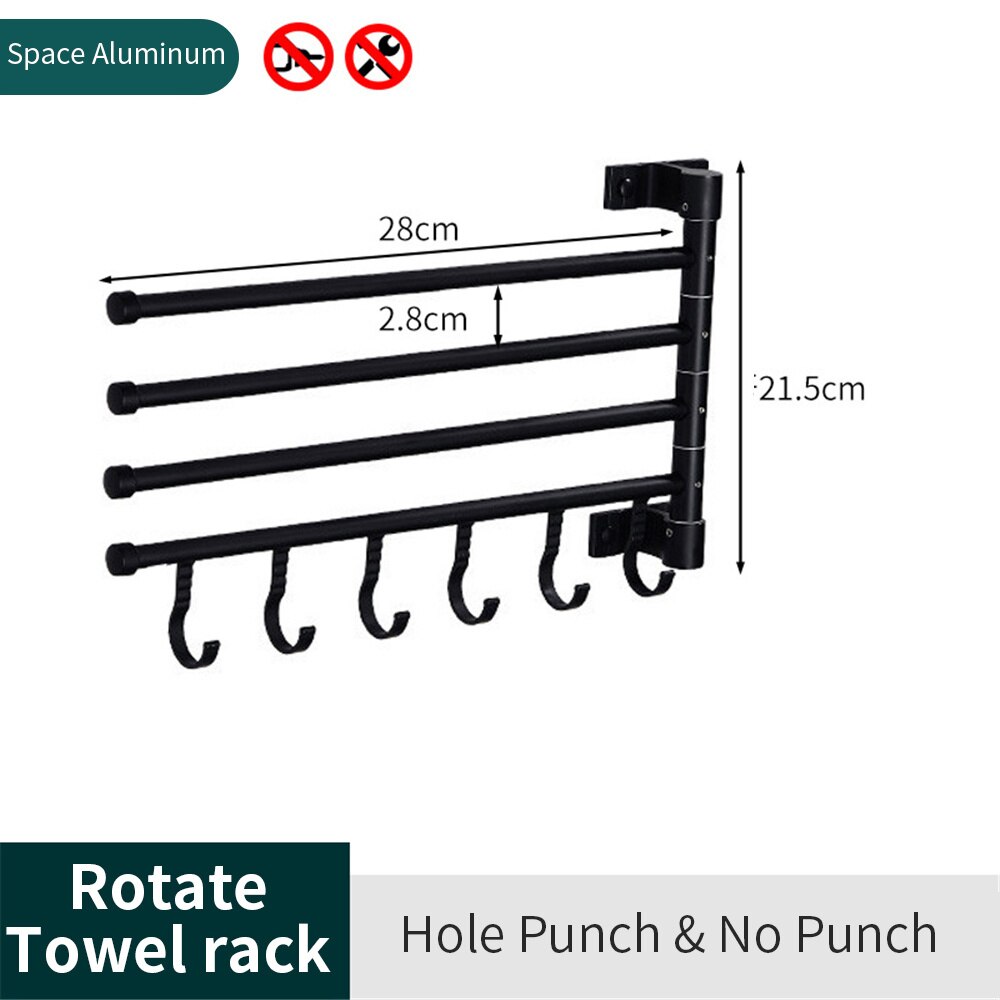 180° Swivel Towel Bar Bathroom Wall Mounted Removable Towels Storage Rack Punch-free Strong Load-bearing Laundry Drying Shelves: 4 pole with hook