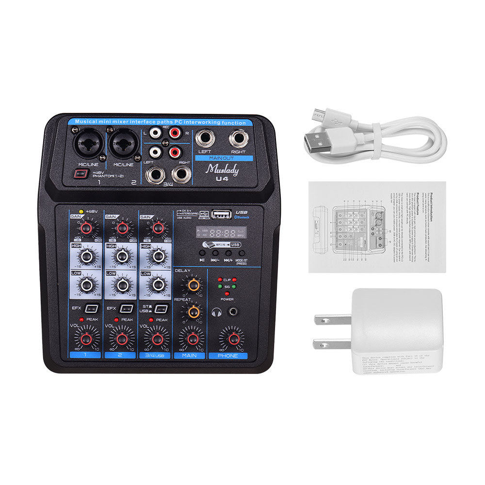 Muslady U4 4 Channels Audio Mixer BT USB Mixing Console with Sound Card