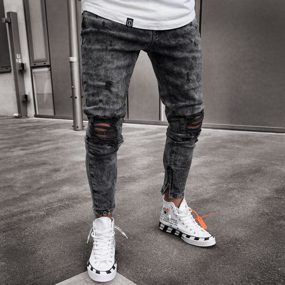 Sofie heren jeans met gaten, elastische europese heren hiphop gescheurde slanke jeans, broek met geborduurde kleine voetjes