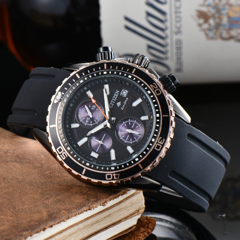 Herenhorloge merkhorloges luxe horloges heren casual rubberen band horloge grote wijzerplaat horloge voor heren multifunctioneel 6- pins horloges: Zwart