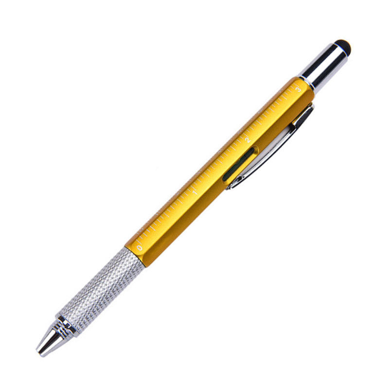 Bolígrafo multifuncional 7 en 1 con dispositivo multitech moderno, regla de medición, destornillador, nivel de lápiz óptico de pantalla táctil: YELLOW
