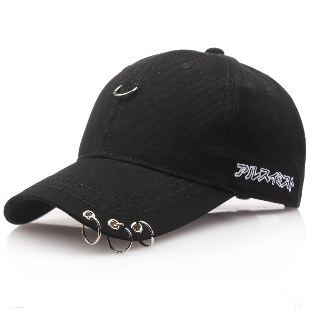 1PC Simple Black Baseball Cap with Rings Spring Summer For Men Women Hip Hop Sports Sunshade Cotton Duck Tongue Hat H18