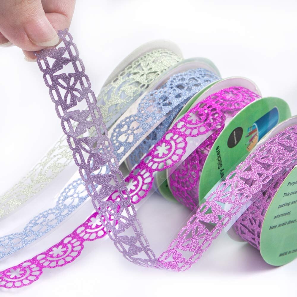 7 Rolls Multicolor Washi Kant Patroon Glitter Zelfklevende Tape Masking Diy Scrapbooking Decorating Stickers