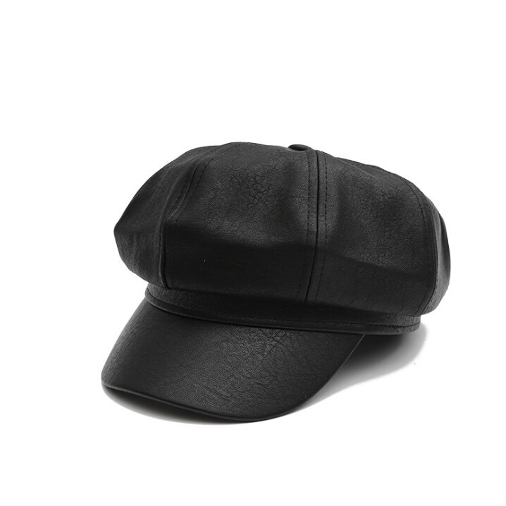 Kvinder pu læder ottekantede hætter nyhedsdreng kasket vintage motorhjelm baret retro vintermaler hat chapeu: Sort